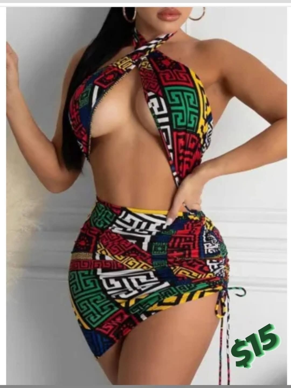 Multicolor Geo Print Halter Cut-Out Mini Dress